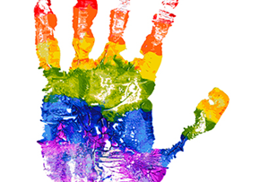 a rainbow coloured painty handprint